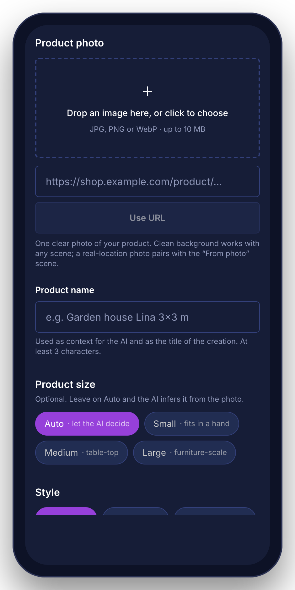 Upload a product photo in Reel Squad Ad Studio