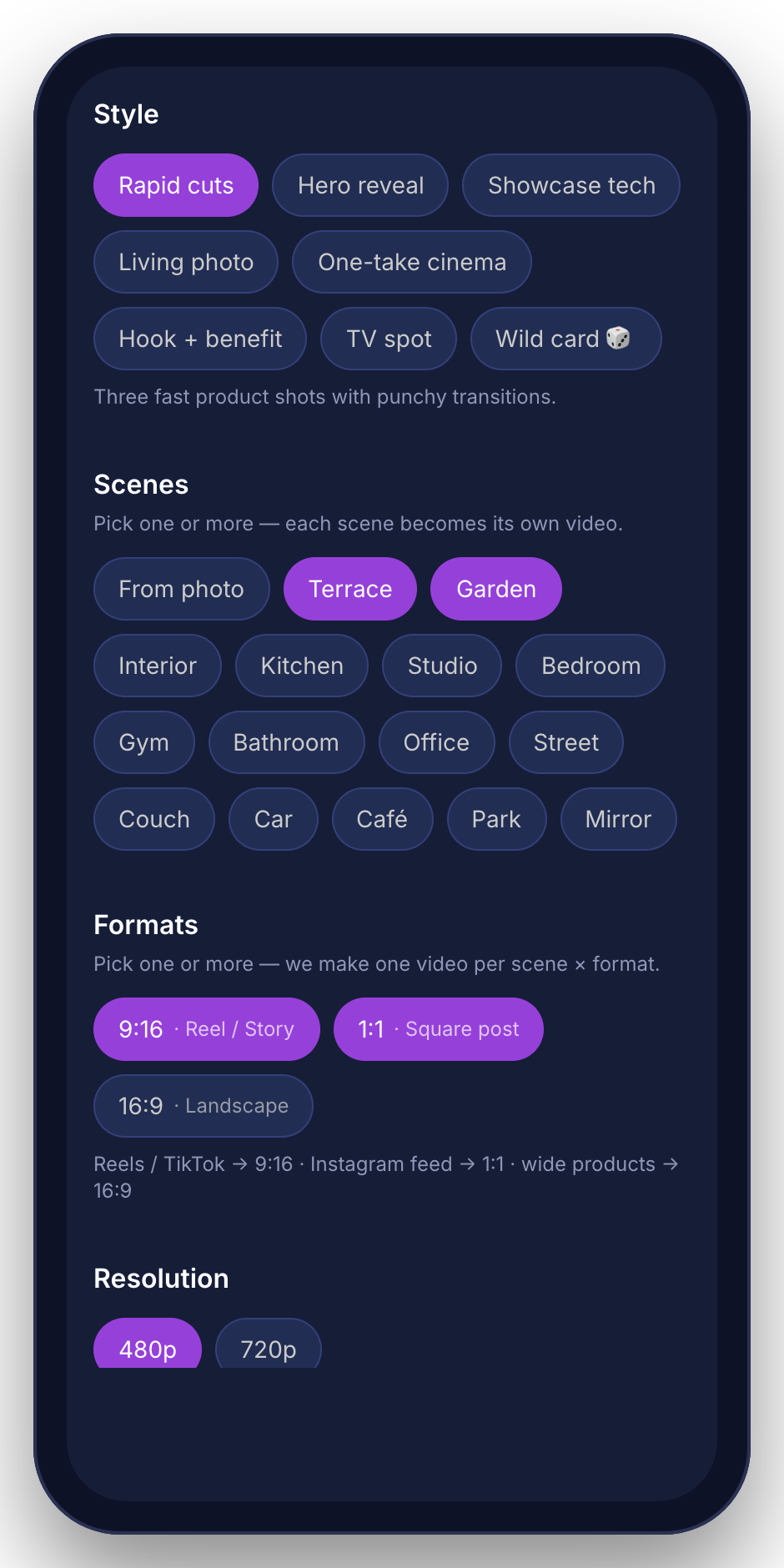 Pick style, scene and formats in Reel Squad Ad Studio