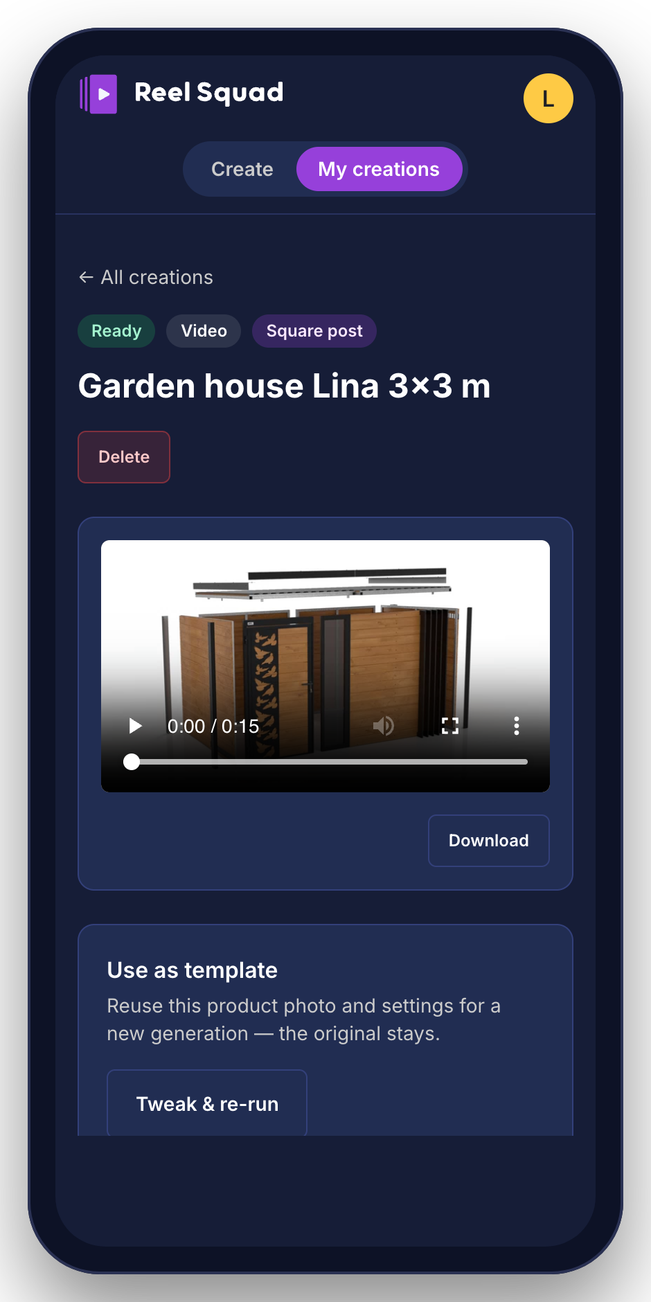 Finished AI video ad of a garden house, ready to download in Reel Squad Ad Studio